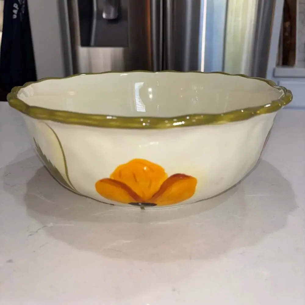 Clay Art Poppies Pattern Hand Painted Scalloped Serving Bowl 10.5”